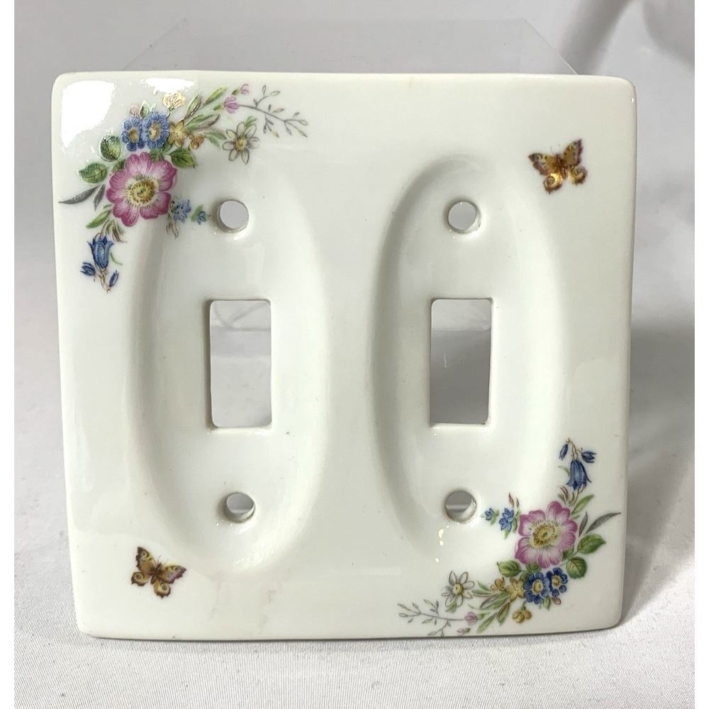 Switch Plate Cover Ceramic Double Toggle Foral Butterfly Vintage 4.5"x4.5"